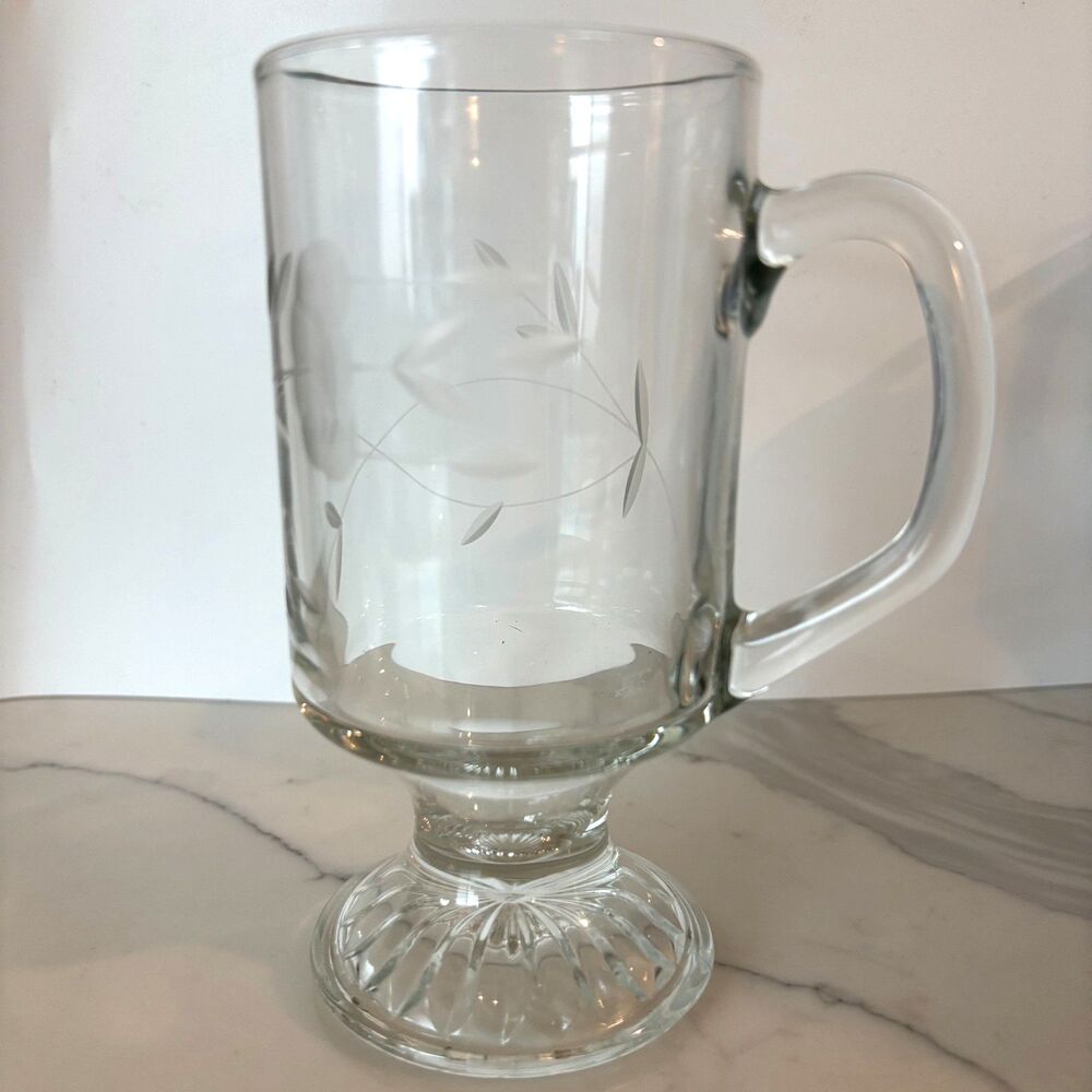Vintage Princess House Crystal Pedestal Mug Etched Floral Glass 9 Oz  MINT COND